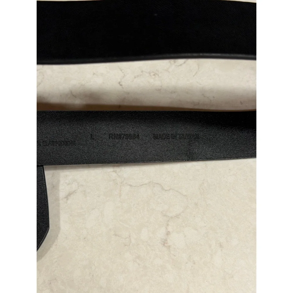 Chicos Black Faux Leather Logo Buckle Belt Large Silver Tone Tailored Minimalist